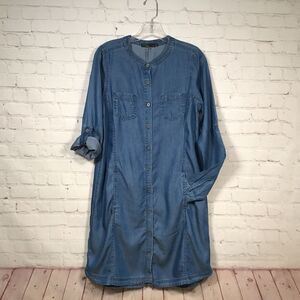 Prana Denim Dress size Medium Button Front Long Sleeve Roll Tab Mandarin Collar
